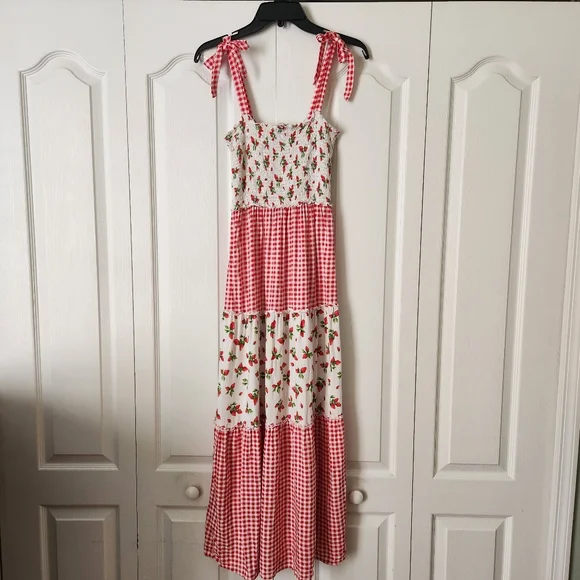 Bebop gingham checkered strawberry smocked maxi dress peasant M tiered festival - Picture 1 of 8